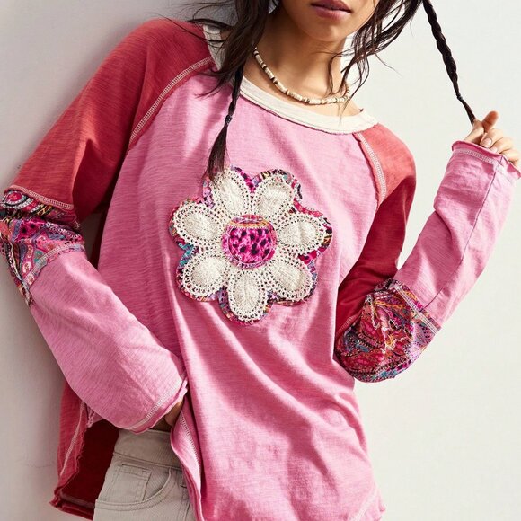 Multicolor Boho Casual Women's Patchwork Loose Washed Graphic T-Shirt - Picture 6 of 7